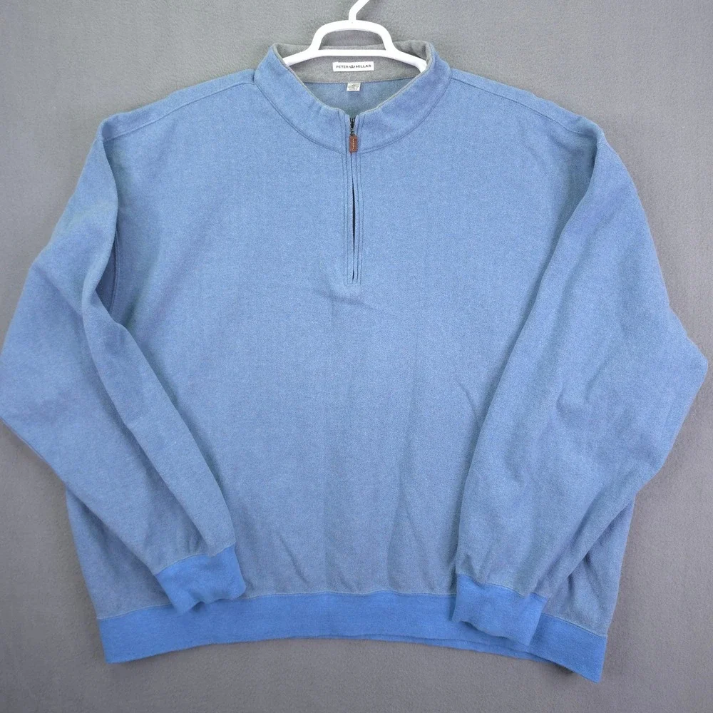 Peter Millar Quarter Zip Pullover Sweater Blue Herringbone 4X Cotton